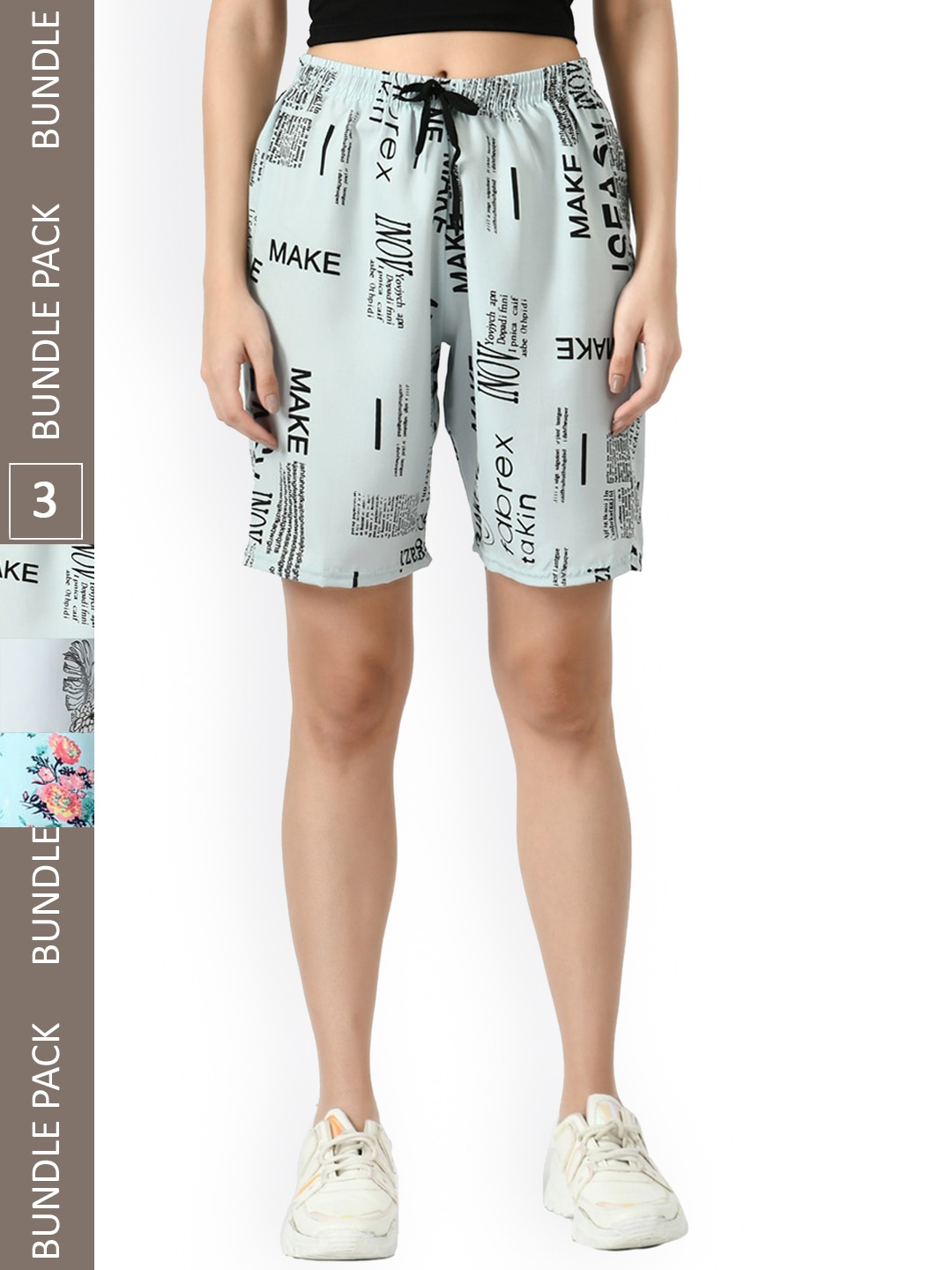 

IndiWeaves Women Pack Of 3 Typography Printed High-Rise Shorts, Grey