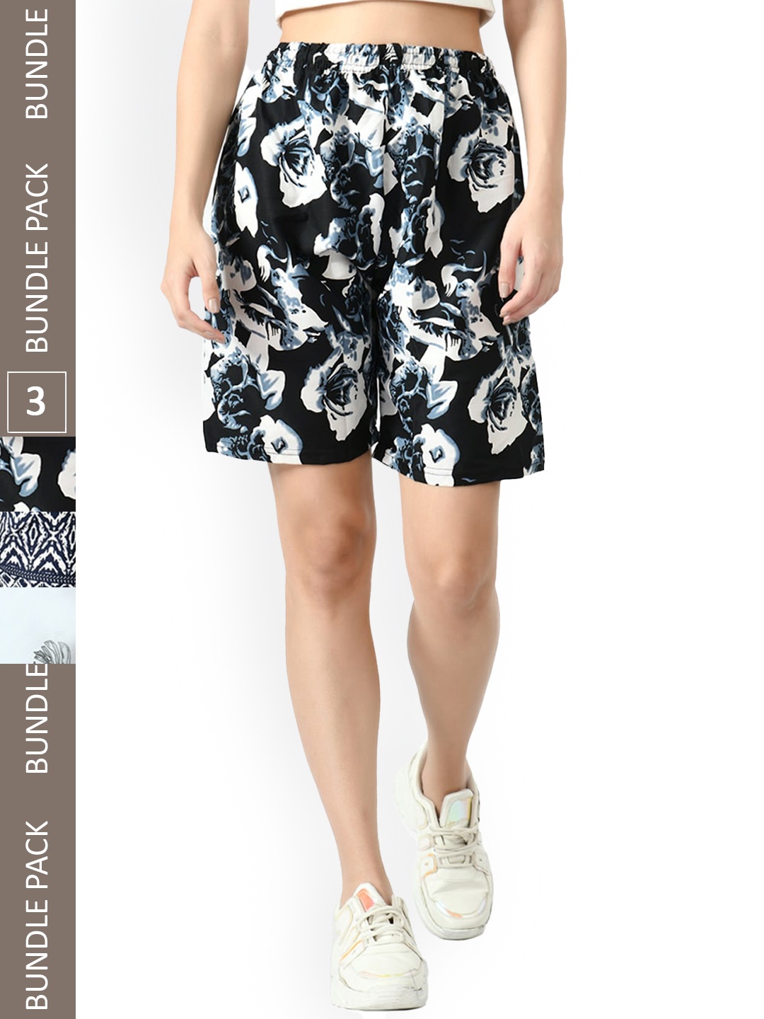 

IndiWeaves Pack Of 3 Printed High-Rise Shorts, Black