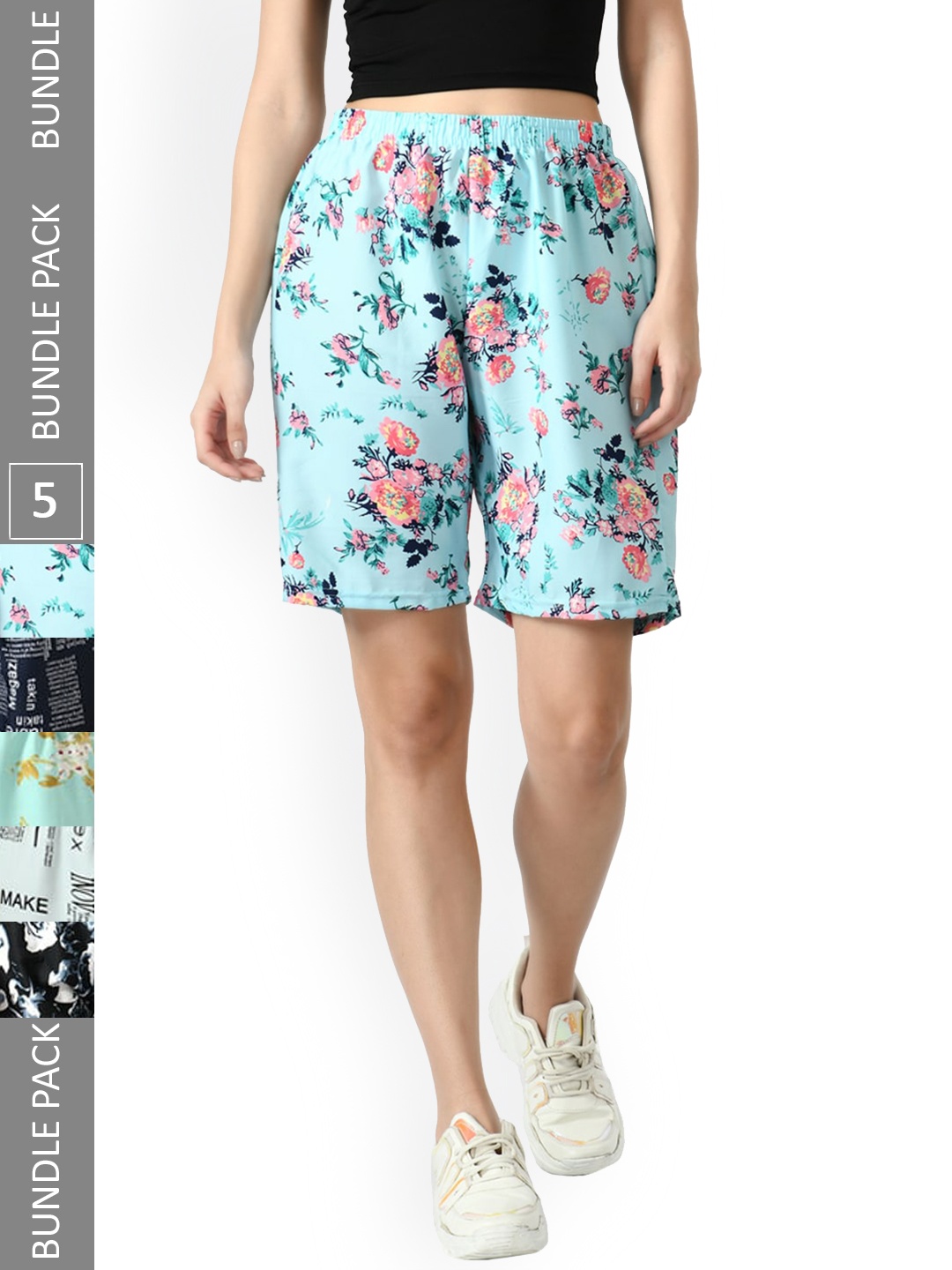 

IndiWeaves Women Pack Of 5 Printed Mid-Rise Shorts, Blue