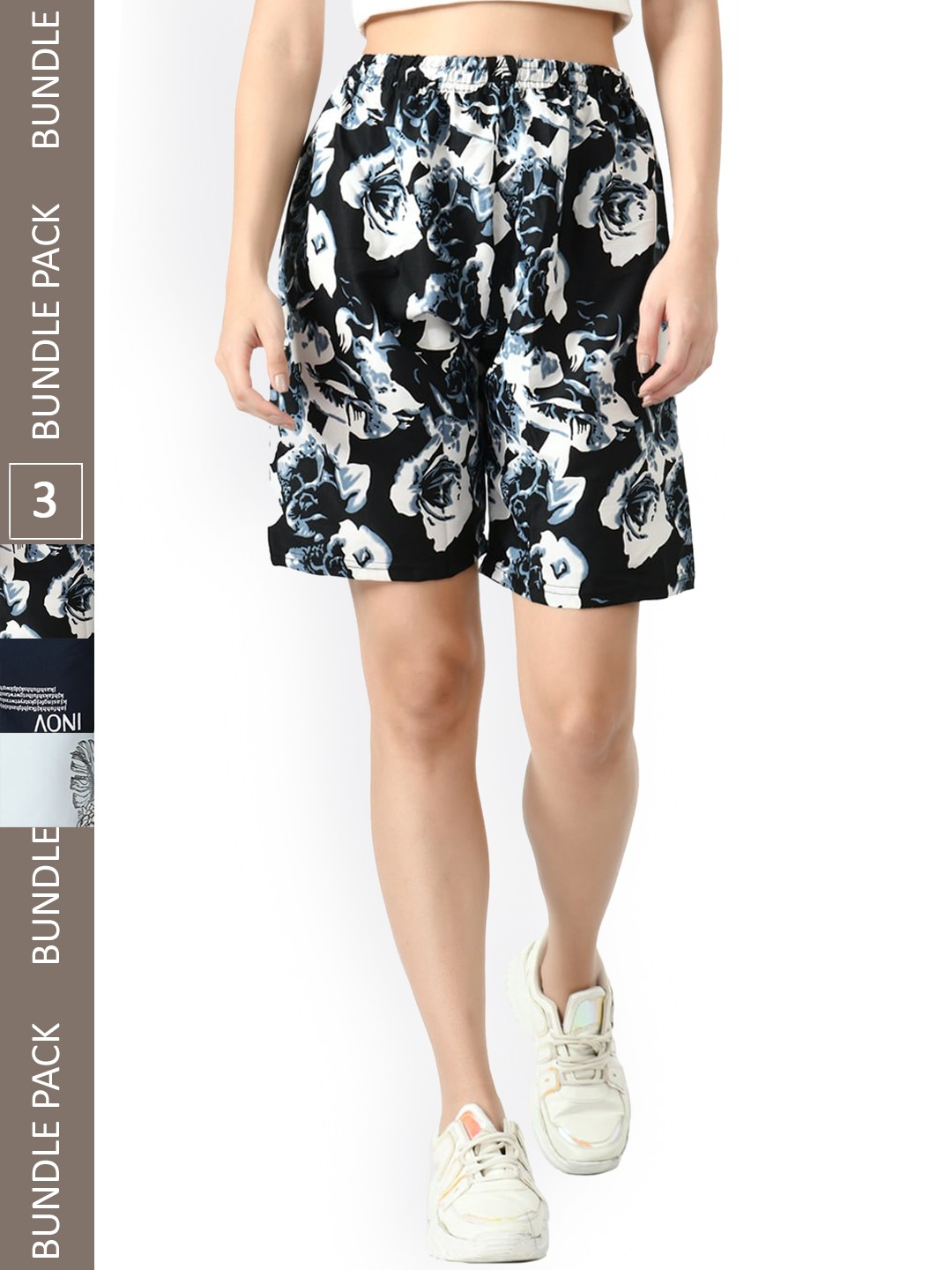 

IndiWeaves Women Pack Of 3 Floral Printed High-Rise Shorts, Black