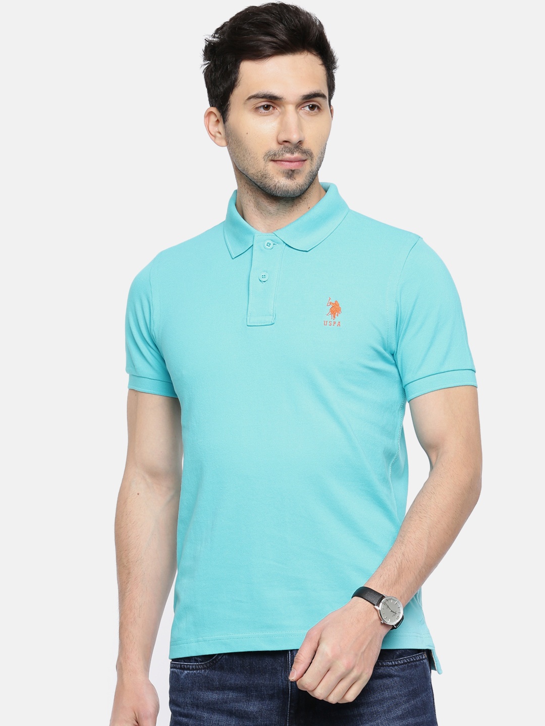 

U.S. Polo Assn. Men Blue Solid Polo Collar Pure Cotton T-shirt