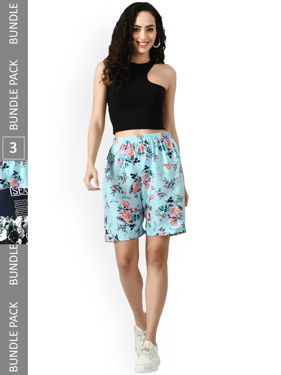 

IndiWeaves Women Pack Of 3 Floral Printed High-Rise Shorts, Blue