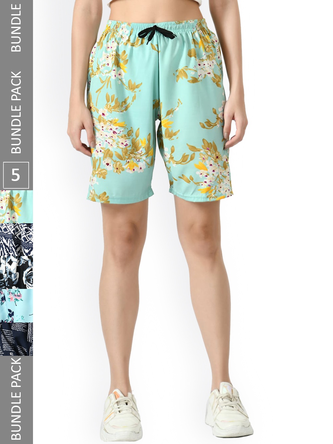 

IndiWeaves Women Pack Of 5 Floral Printed High-Rise Shorts, Blue
