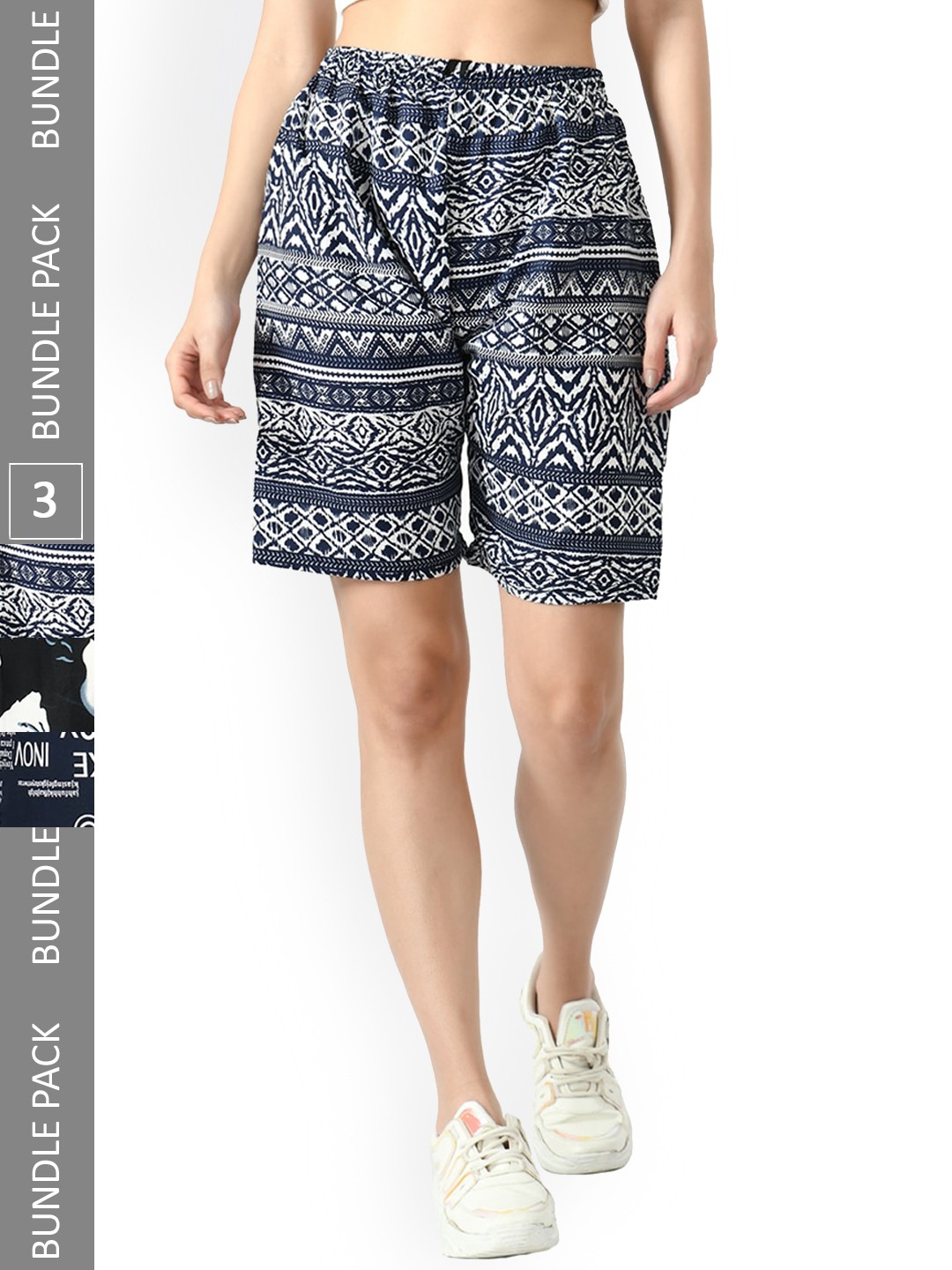

IndiWeaves Pack Of 3 Printed High-Rise Shorts, Navy blue