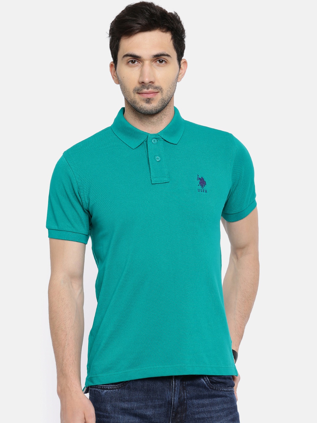 

U.S. Polo Assn. Men Green Solid Polo Collar Pure Cotton T-shirt