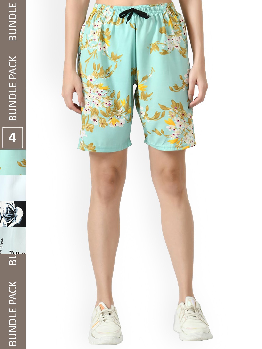 

IndiWeaves Women Pack Of 4 Floral Printed High-Rise Shorts, Green