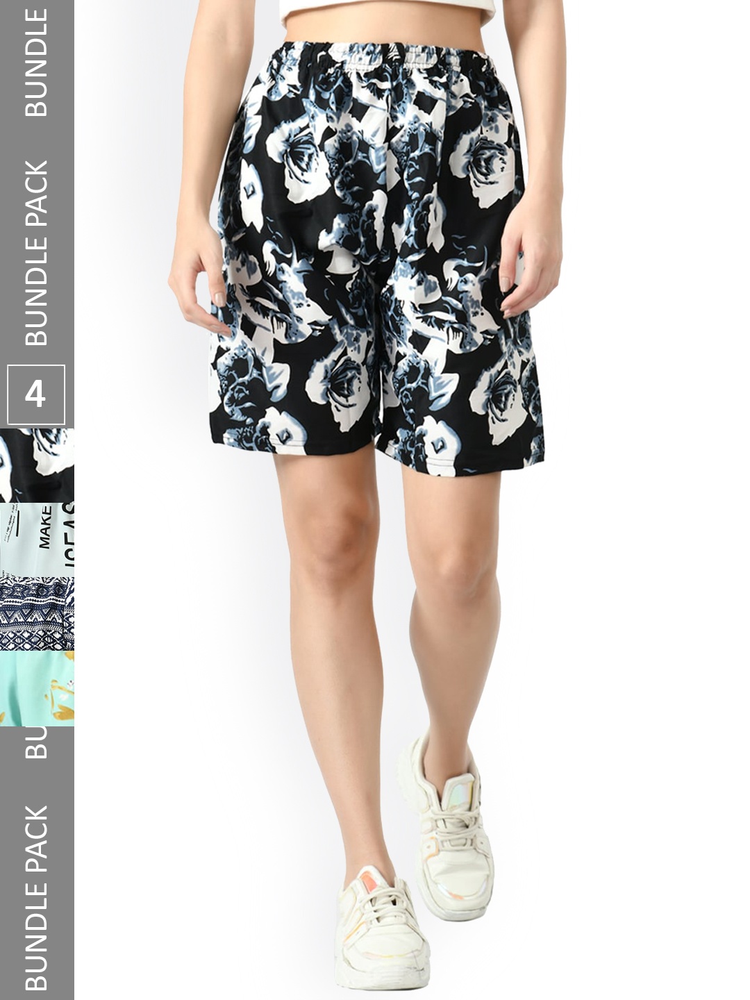 

IndiWeaves Women Pack Of 4 Printed High-Rise Shorts, Black