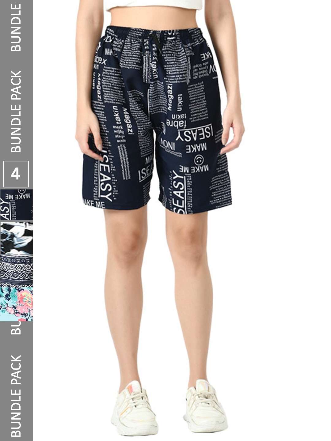 

IndiWeaves Pack of 4 Printed High-Rise Shorts, Navy blue