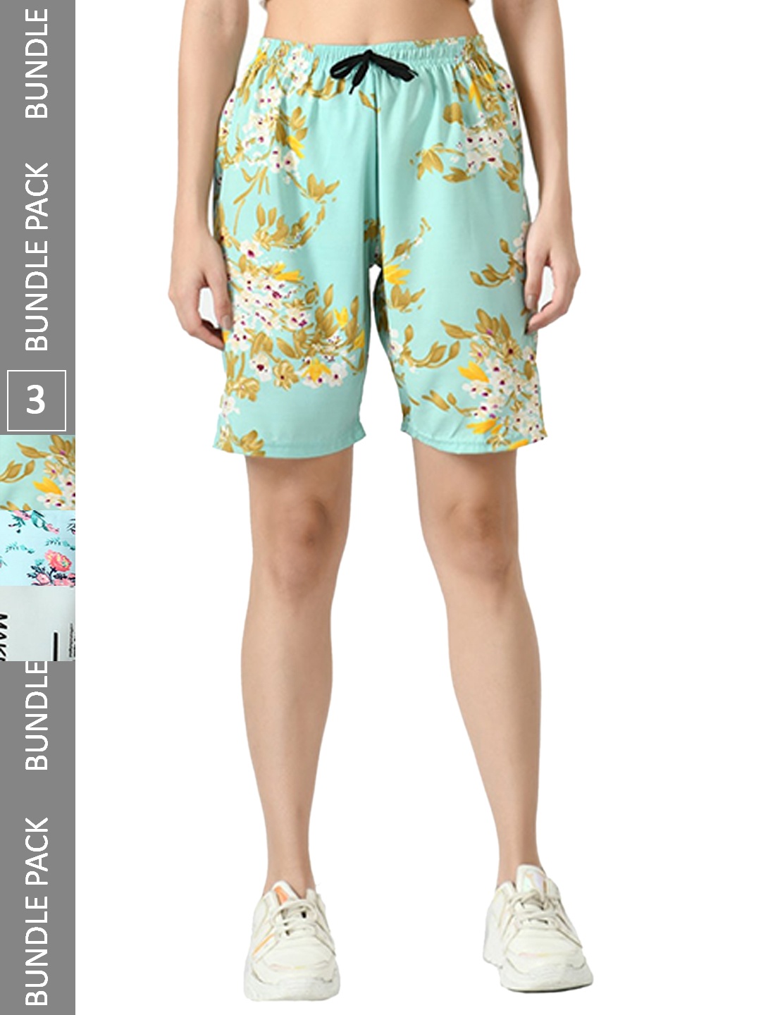 

IndiWeaves Women Pack Of 3 Floral Printed High-Rise Shorts, Blue