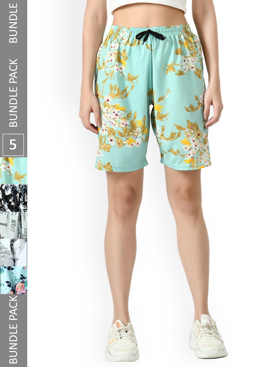 

IndiWeaves Women Pack Of 5 Floral Printed High-Rise Shorts, Black