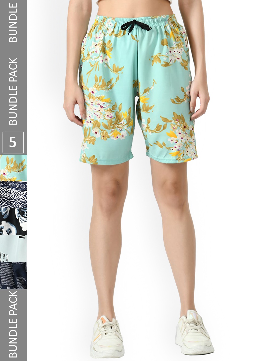 

IndiWeaves Pack Of 5 Printed High-Rise Shorts, Sea green