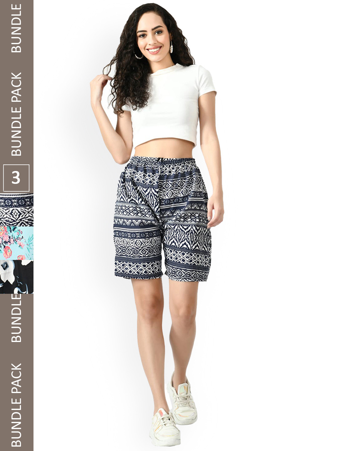 

IndiWeaves Women Pack Of 3 Printed High-Rise Shorts, Navy blue