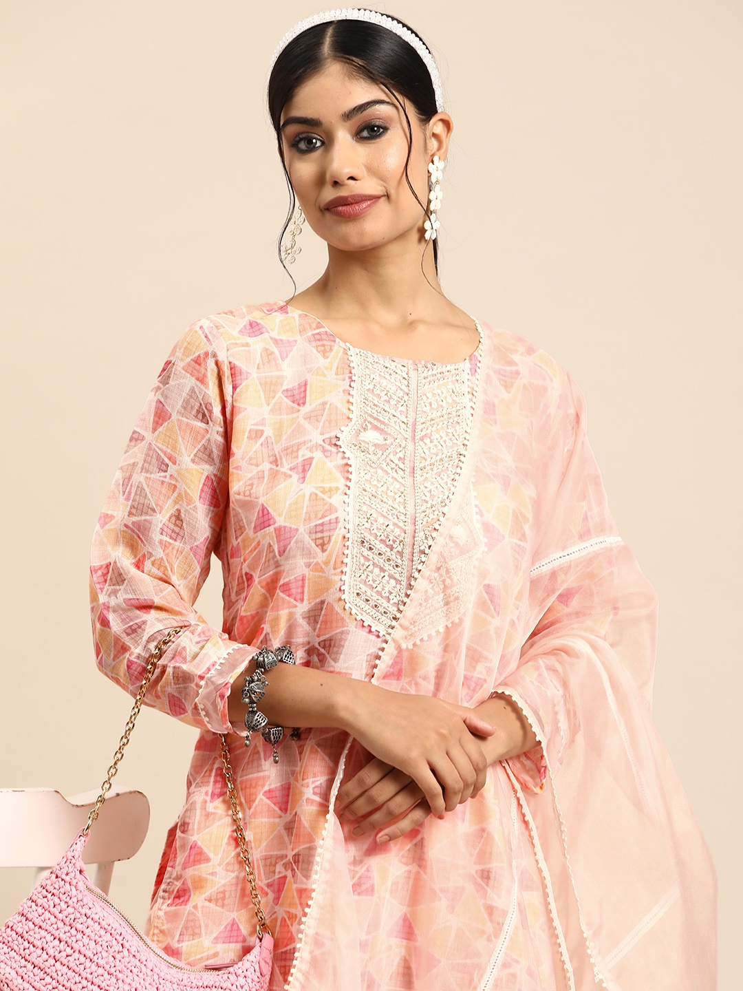 

Sangria Women Embroidered Regular Thread Work Linen Kurta with Trousers & With Dupatta, Peach