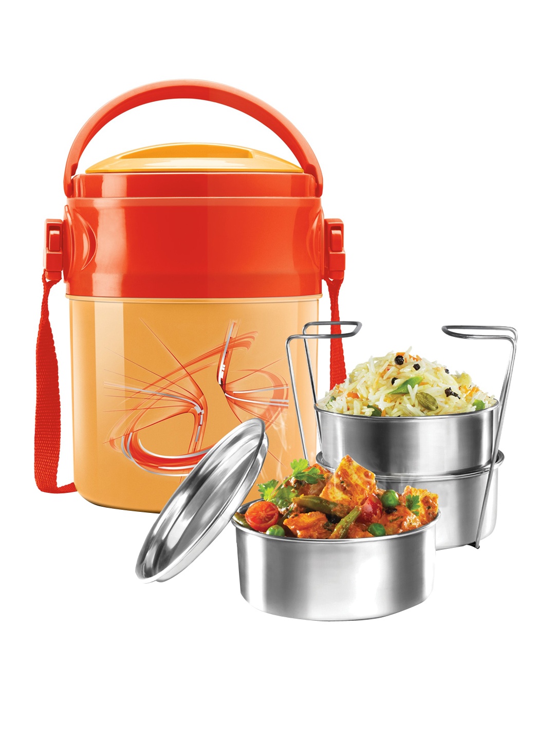 

Milton Orange Odyssey Insulated Tiffin 3 Steel Containers 380 ml Each &1 Papad Box 200 ml