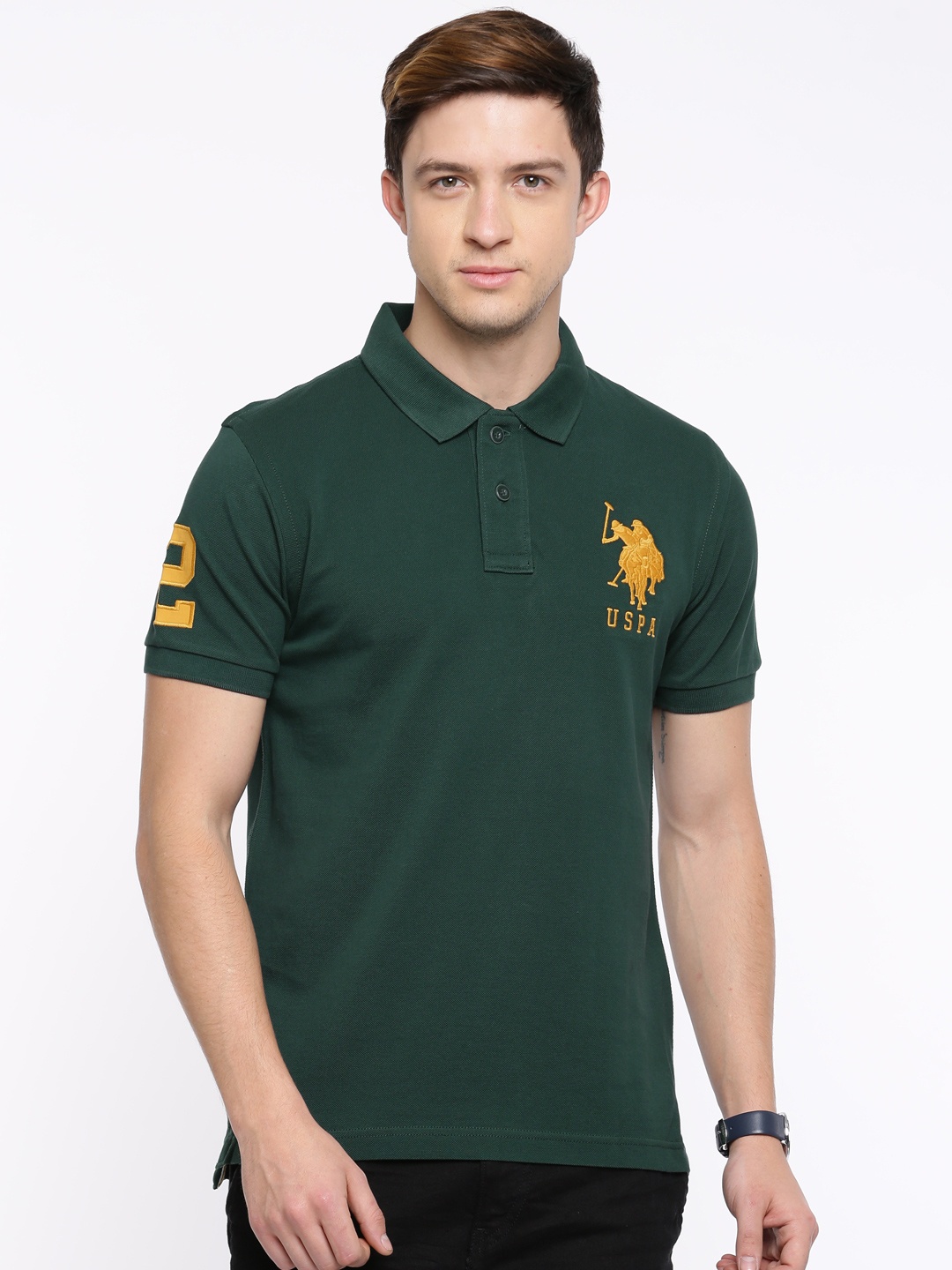 

U.S. Polo Assn. Men Green Solid Polo Collar Pure Cotton T-shirt