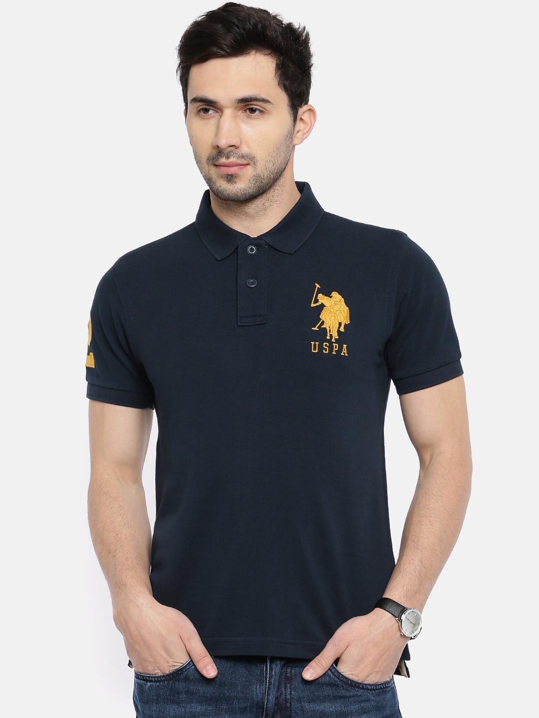 

U.S. Polo Assn. Men Navy Solid Polo Collar Pure Cotton T-shirt, Navy blue