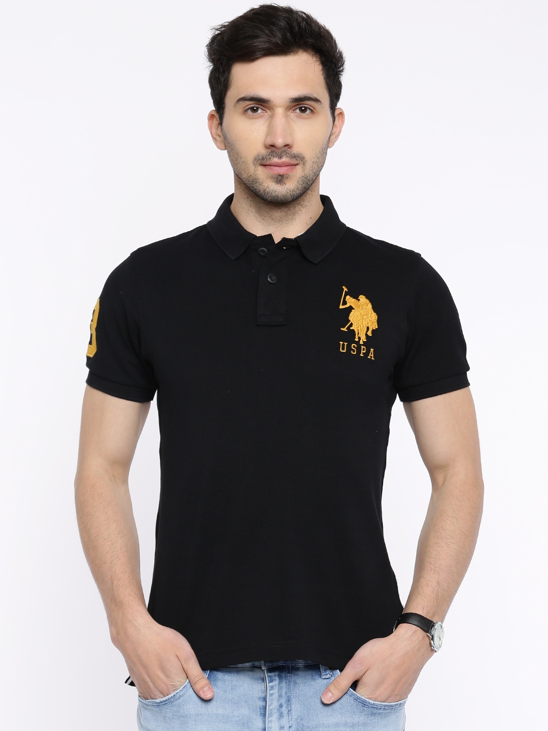 

U.S. Polo Assn. Men Black Polo Collar Cotton Pure Cotton T-shirt