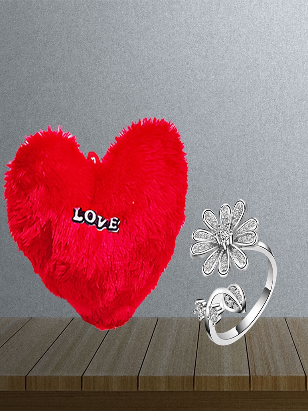 

UNIVERSITY TRENDZ Silver-Plated Crystal Flower-Shaped Finger Ring With Heart-Shaped Pillow