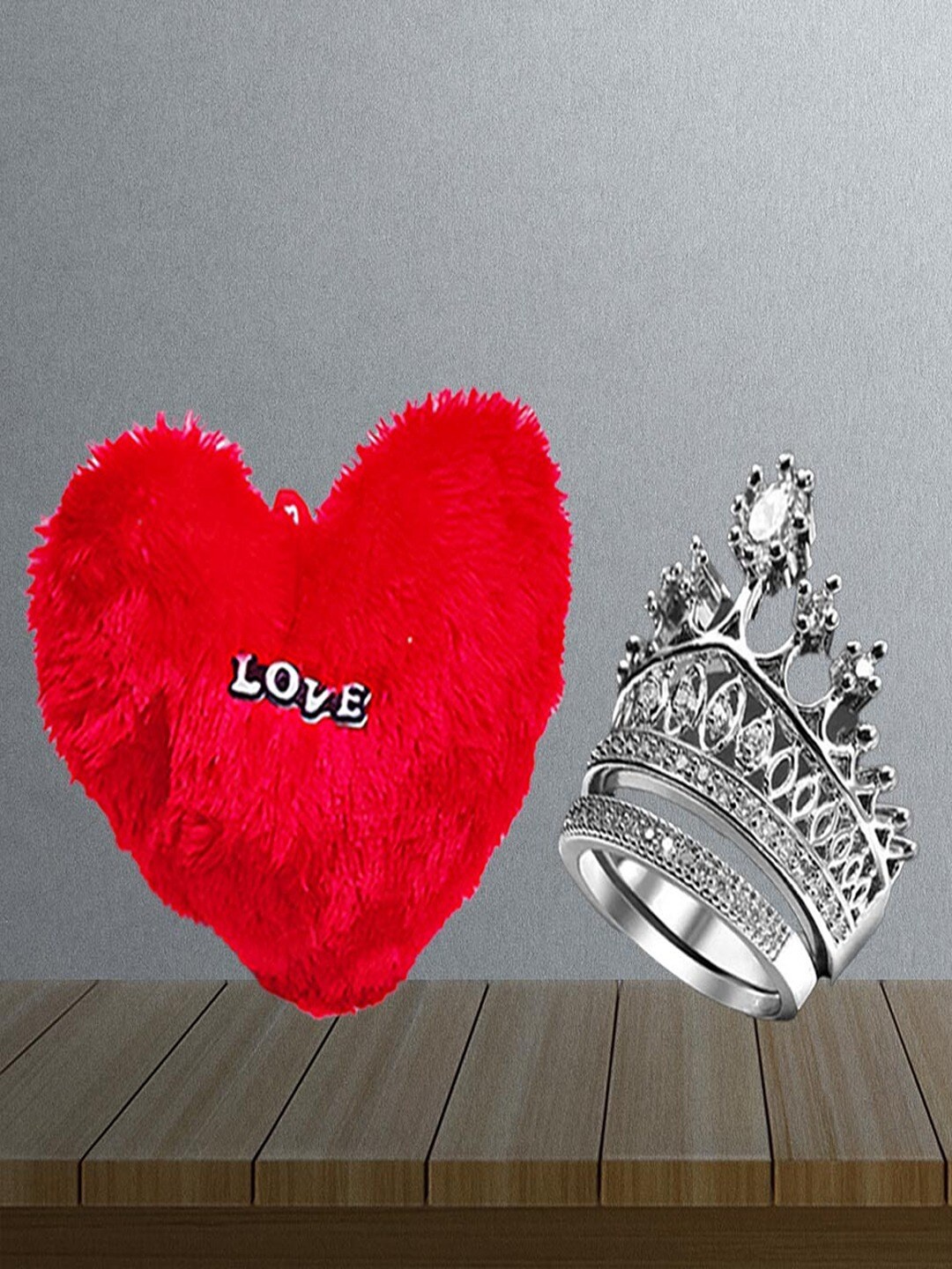 

UNIVERSITY TRENDZ Silver-Plated Crystal Crown-Shaped Finger Ring With Heart-Shaped Pillow