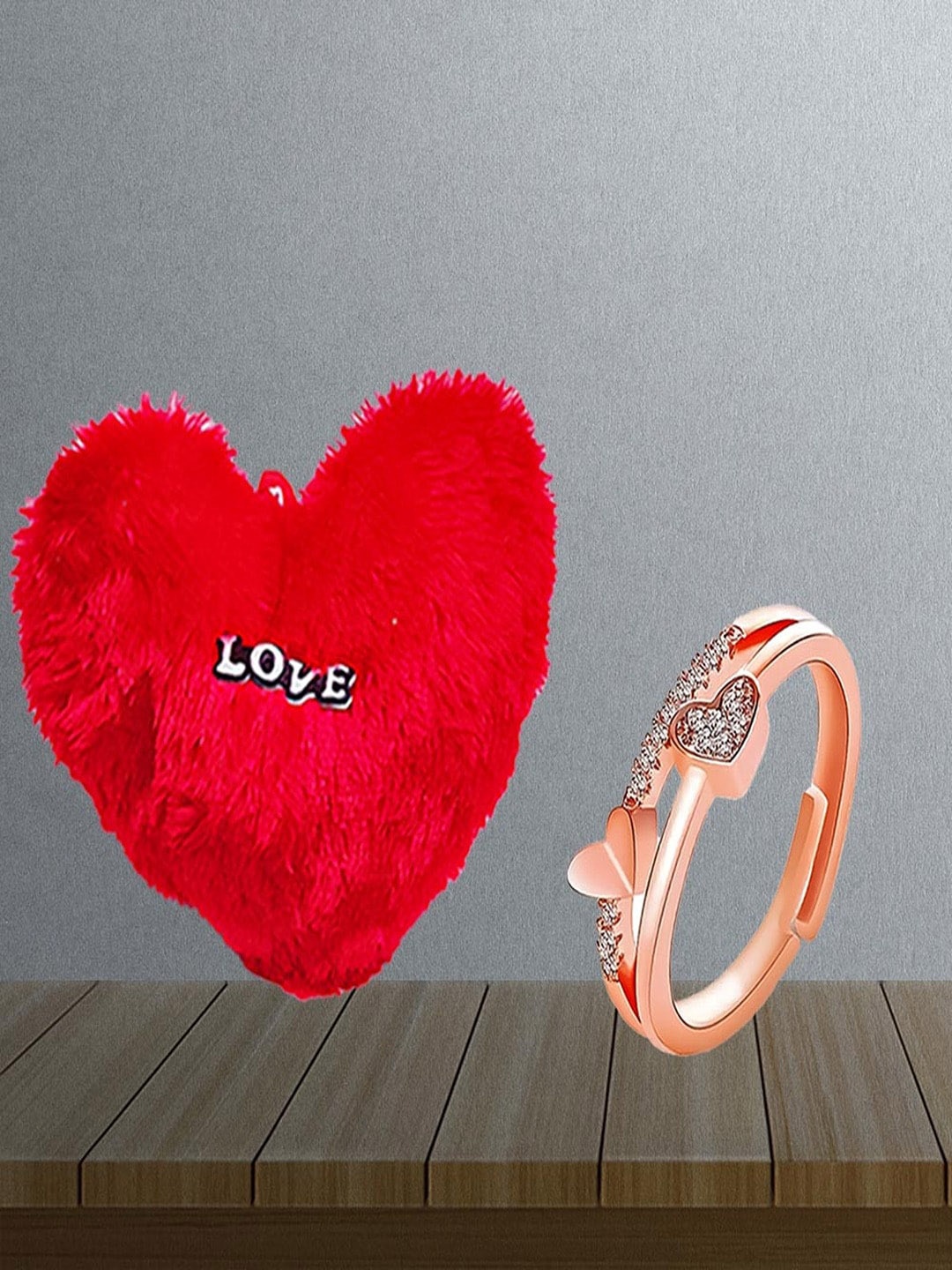 

UNIVERSITY TRENDZ Rose Gold-Plated Stone-Studded Heart-Shaped Finger Ring With Pillow