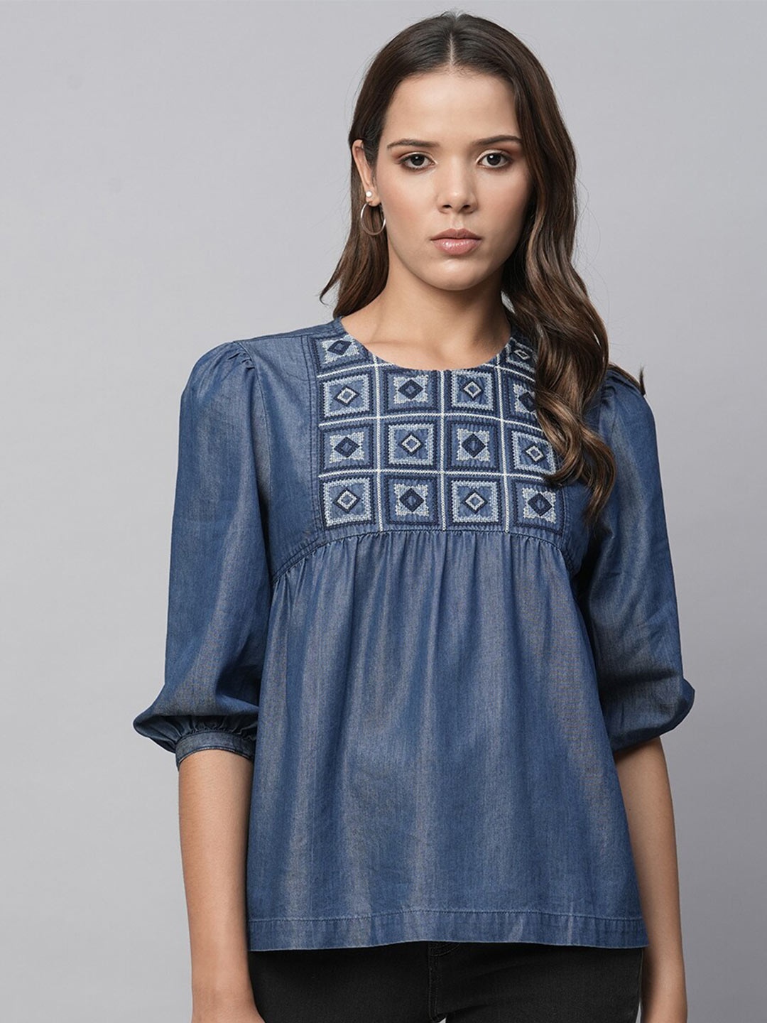 

Chemistry Denim Embroidered Puff Sleeve Empire Top, Navy blue