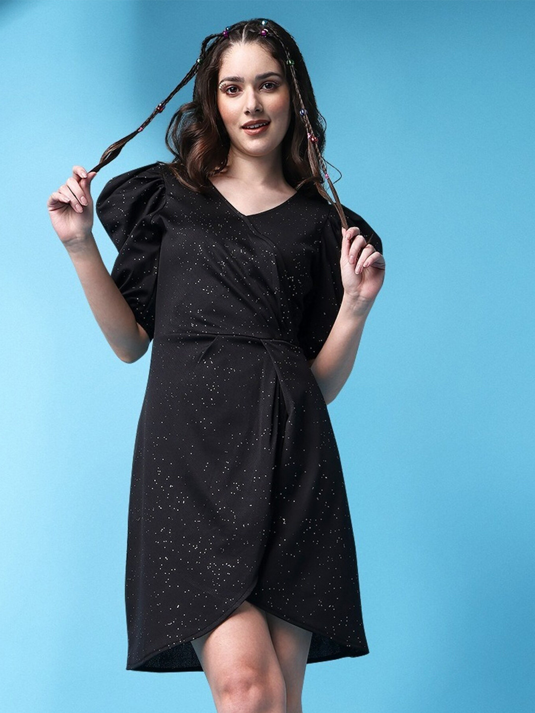 

UDBHAV TEXTILE Self Designed Puff Sleeves Gathered Cotton Wrap Dress, Black