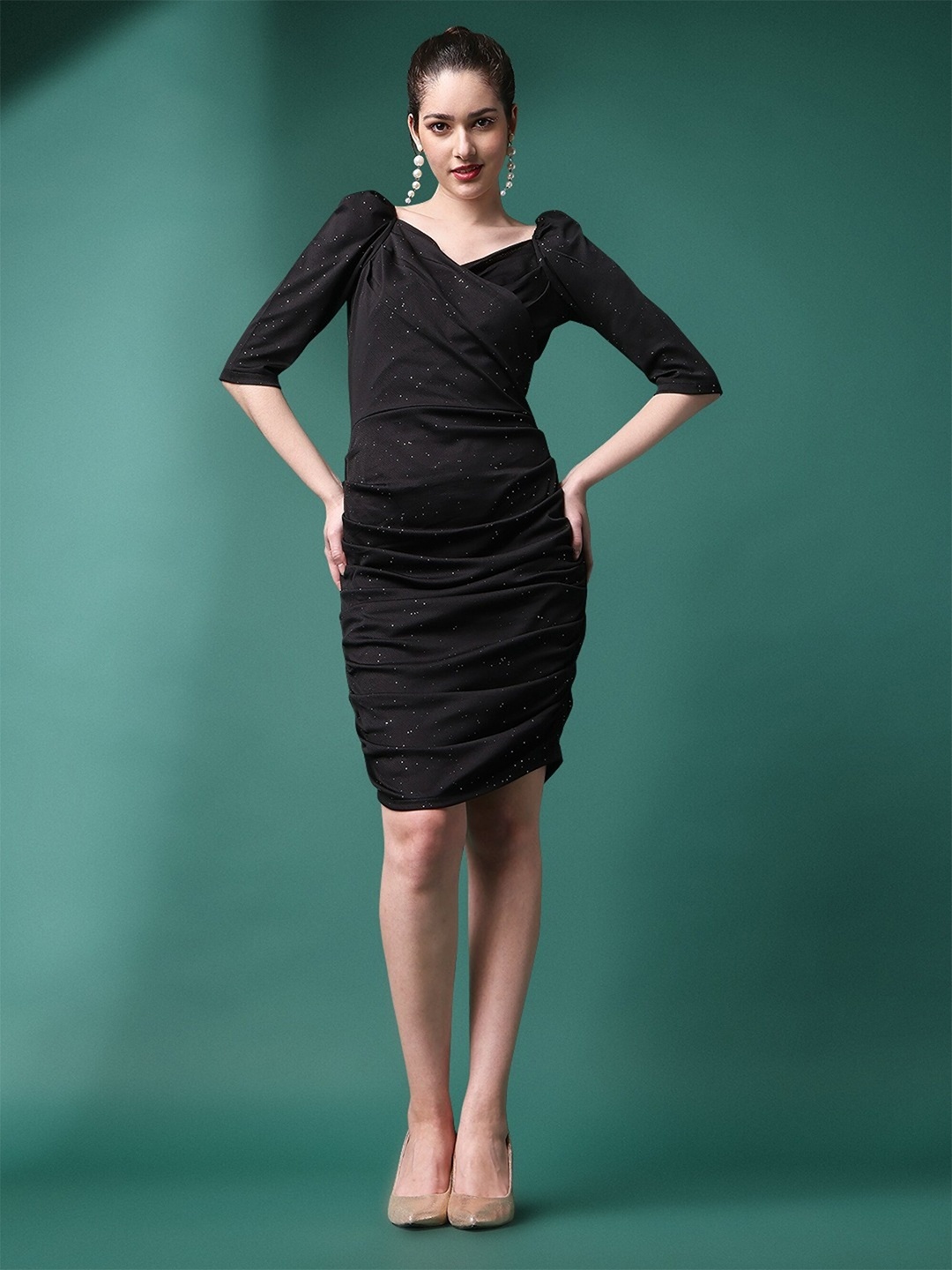 

UDBHAV TEXTILE Self Designed Puff Sleeves Gathered Cotton Bodycon Dress, Black