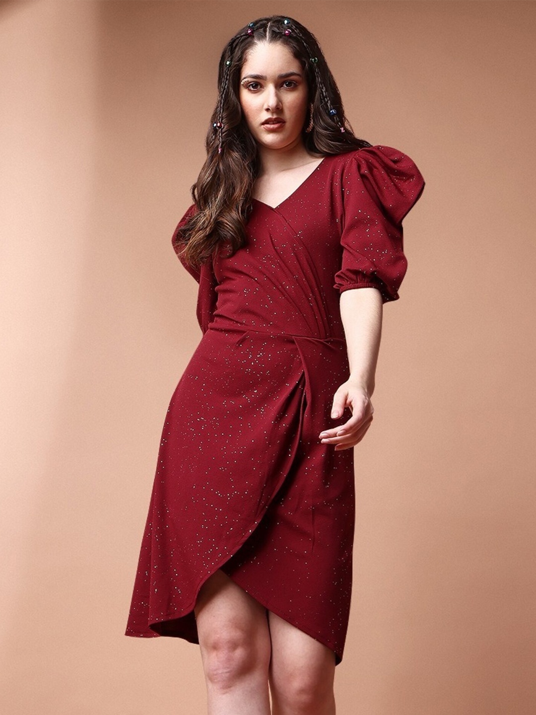 

UDBHAV TEXTILE Puff Sleeves Gathered Cotton Wrap Dress, Maroon