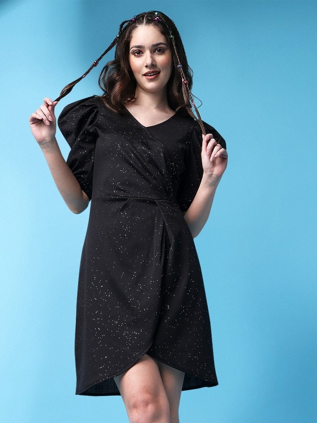 

UDBHAV TEXTILE Self Designed Puff Sleeves Gathered Cotton Wrap Dress, Black