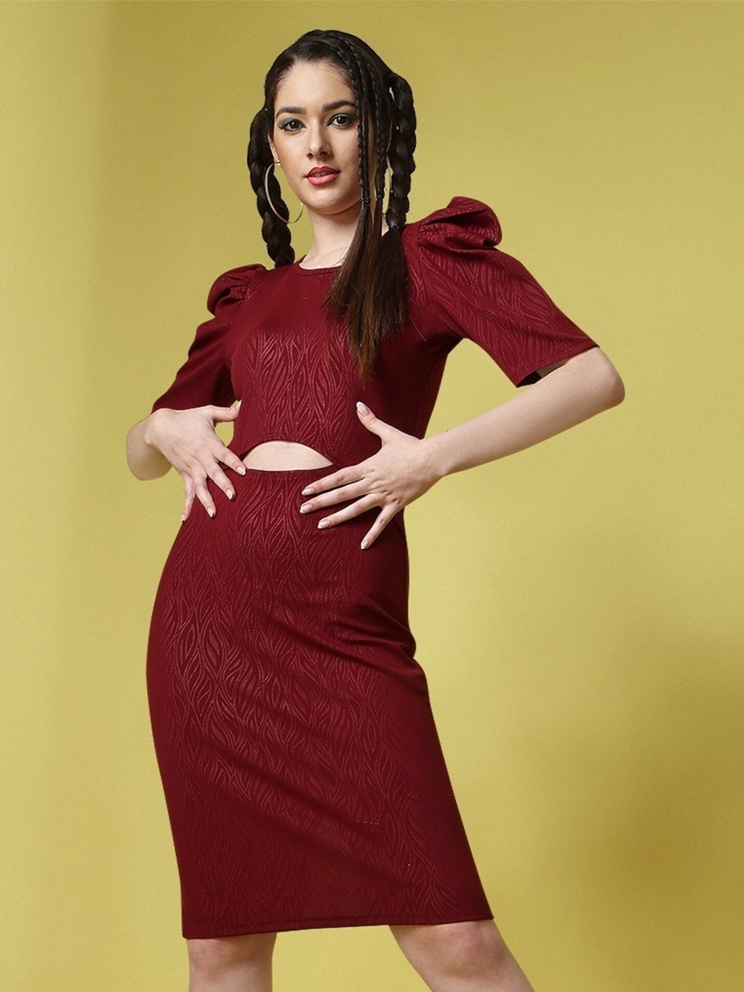 

UDBHAV TEXTILE Puff Sleeves Cut-Outs Detail Round Neck Sheath Dress, Maroon