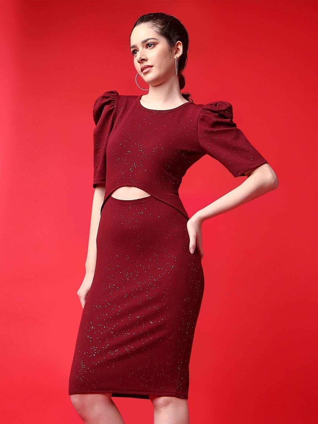 

UDBHAV TEXTILE Puff Sleeves Cut-Outs Detail Round Neck Sheath Dress, Maroon