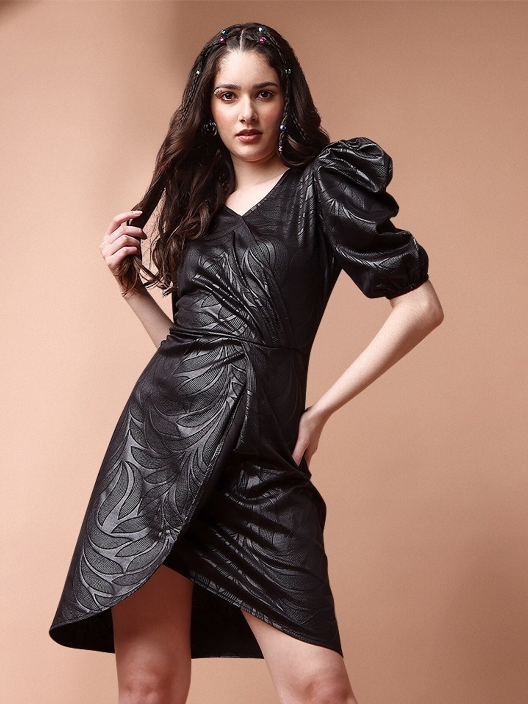 

UDBHAV TEXTILE Self Design Embossed Puff Sleeve Tulip Hem A-Line Dress, Black