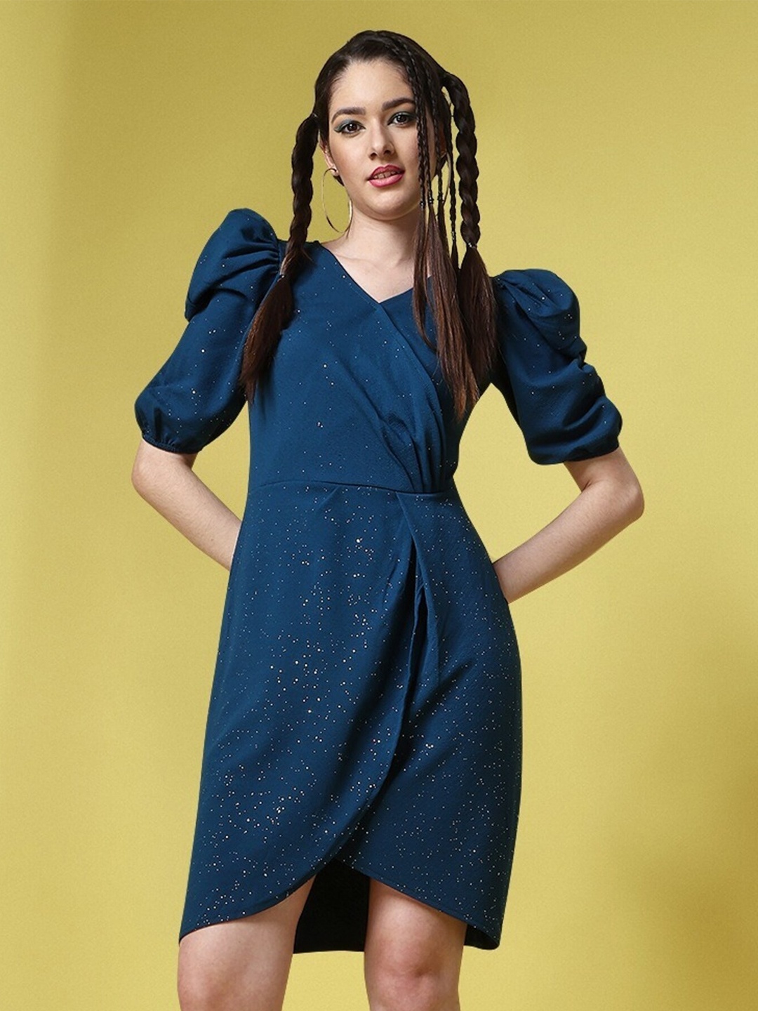 

UDBHAV TEXTILE Embellished V Neck Puff Sleeves Sheen Sheath Dress, Teal
