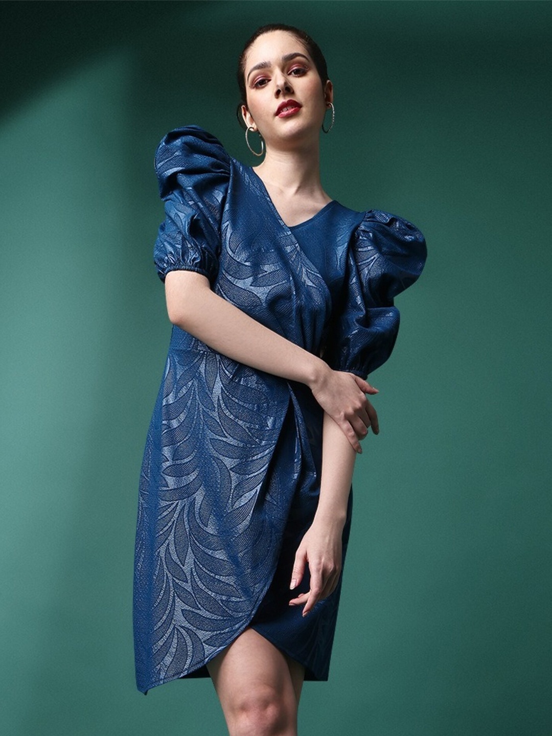 

UDBHAV TEXTILE Floral Printed V-Neck Puff Sleeves Cotton Fit & Flare Dress, Teal