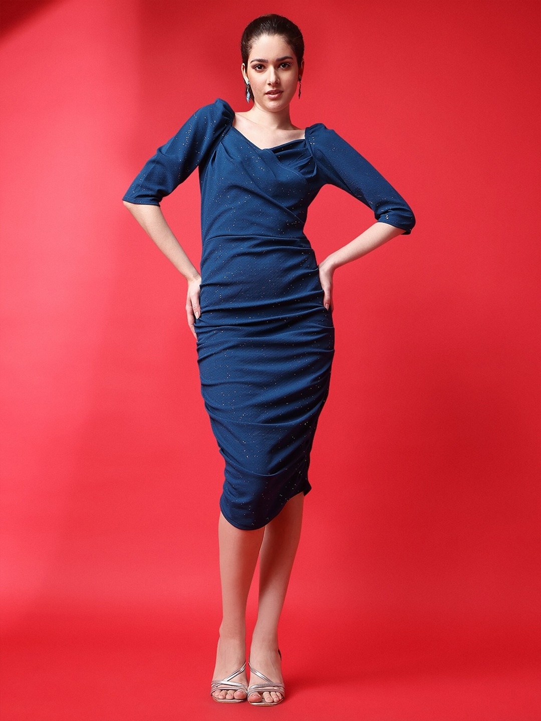 

UDBHAV TEXTILE Embellished V Neck Puff Sleeve Sheen & Sheath Ruched Dress, Teal