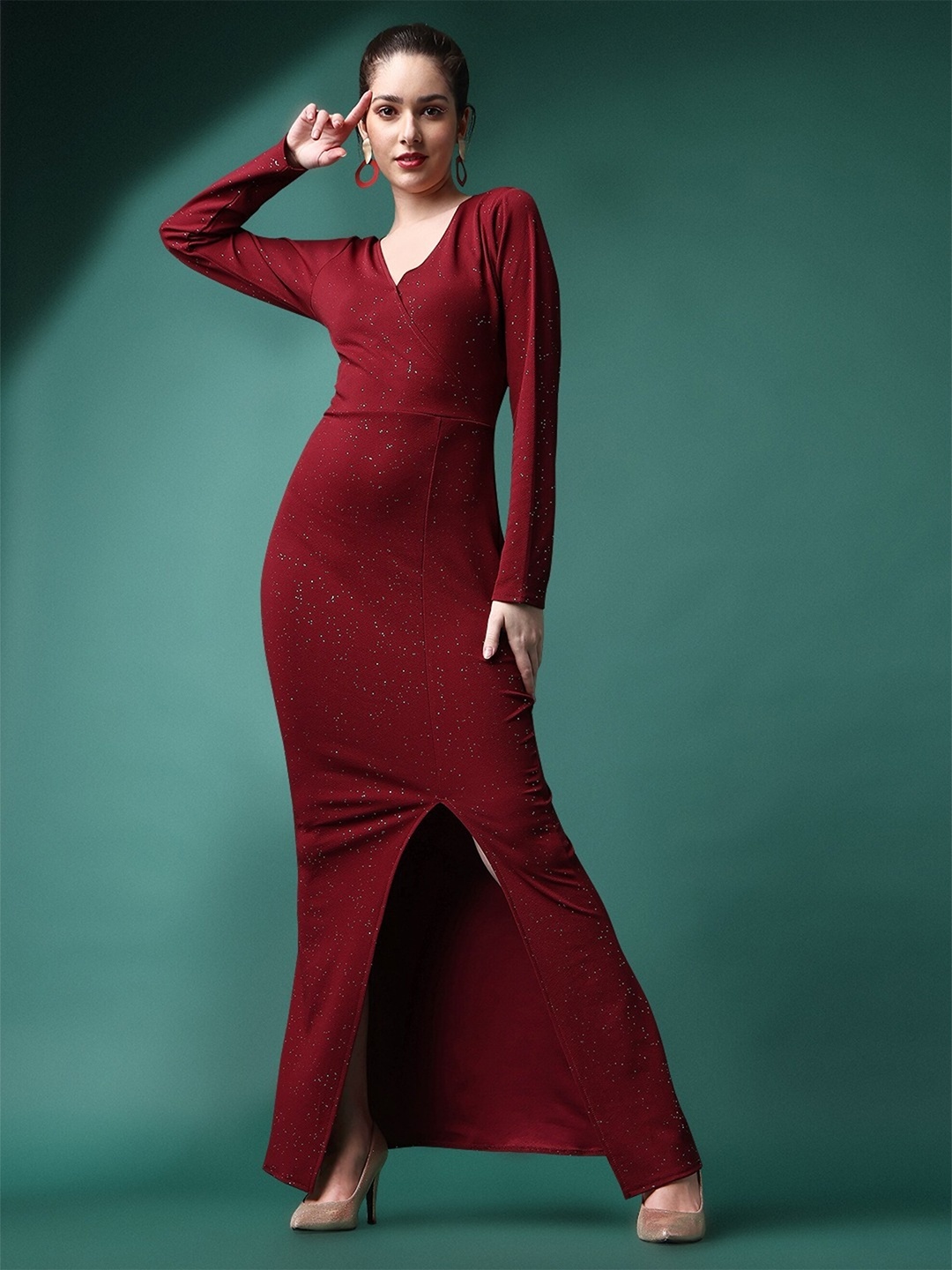 

UDBHAV TEXTILE Embellished V Neck Sheen Maxi Dress, Maroon