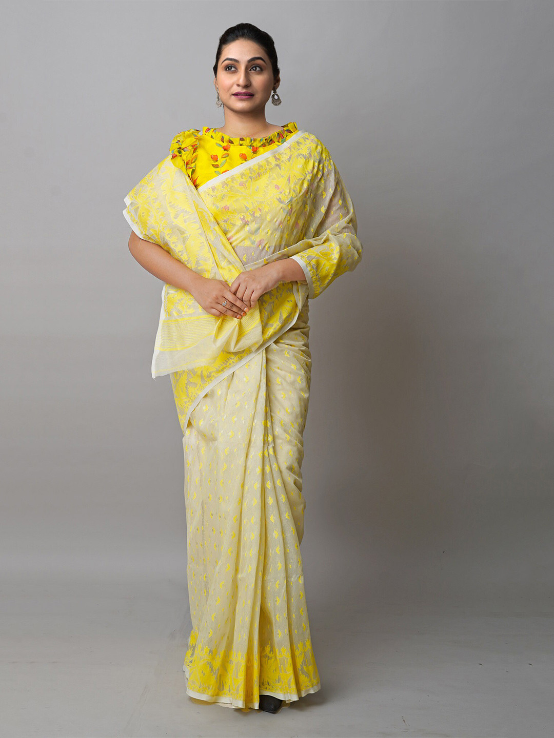 

Unnati Silks Woven Design Silk Cotton Handloom Bengal Jamdani Saree, Cream