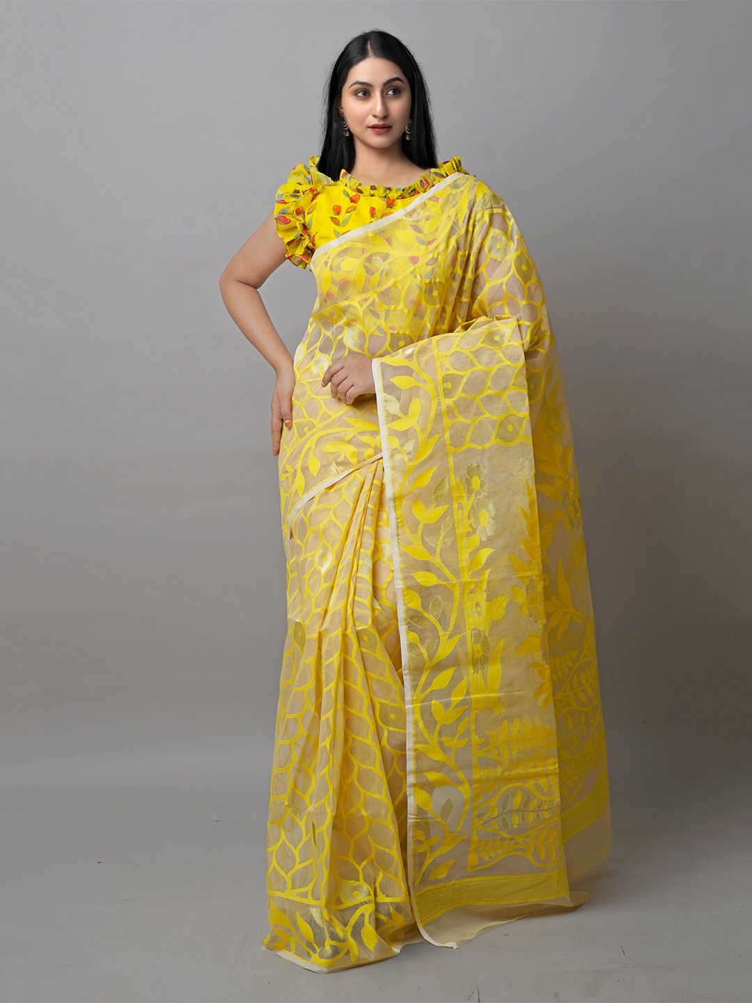 

Unnati Silks Woven Design Silk Cotton Handloom Bengal Jamdani Saree, Yellow