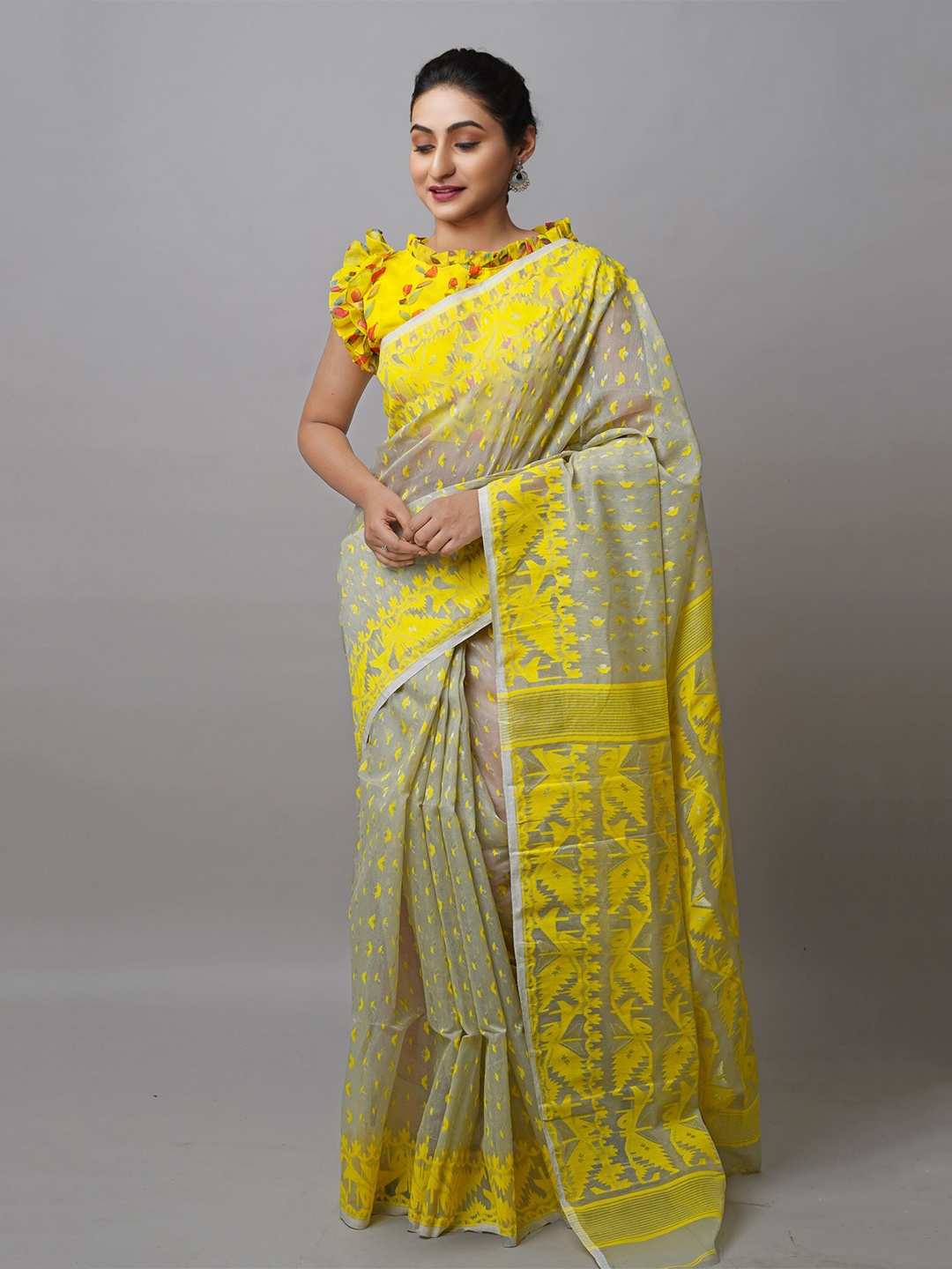 

Unnati Silks Woven Design Silk Cotton Handloom Bengal Jamdani Saree, Yellow