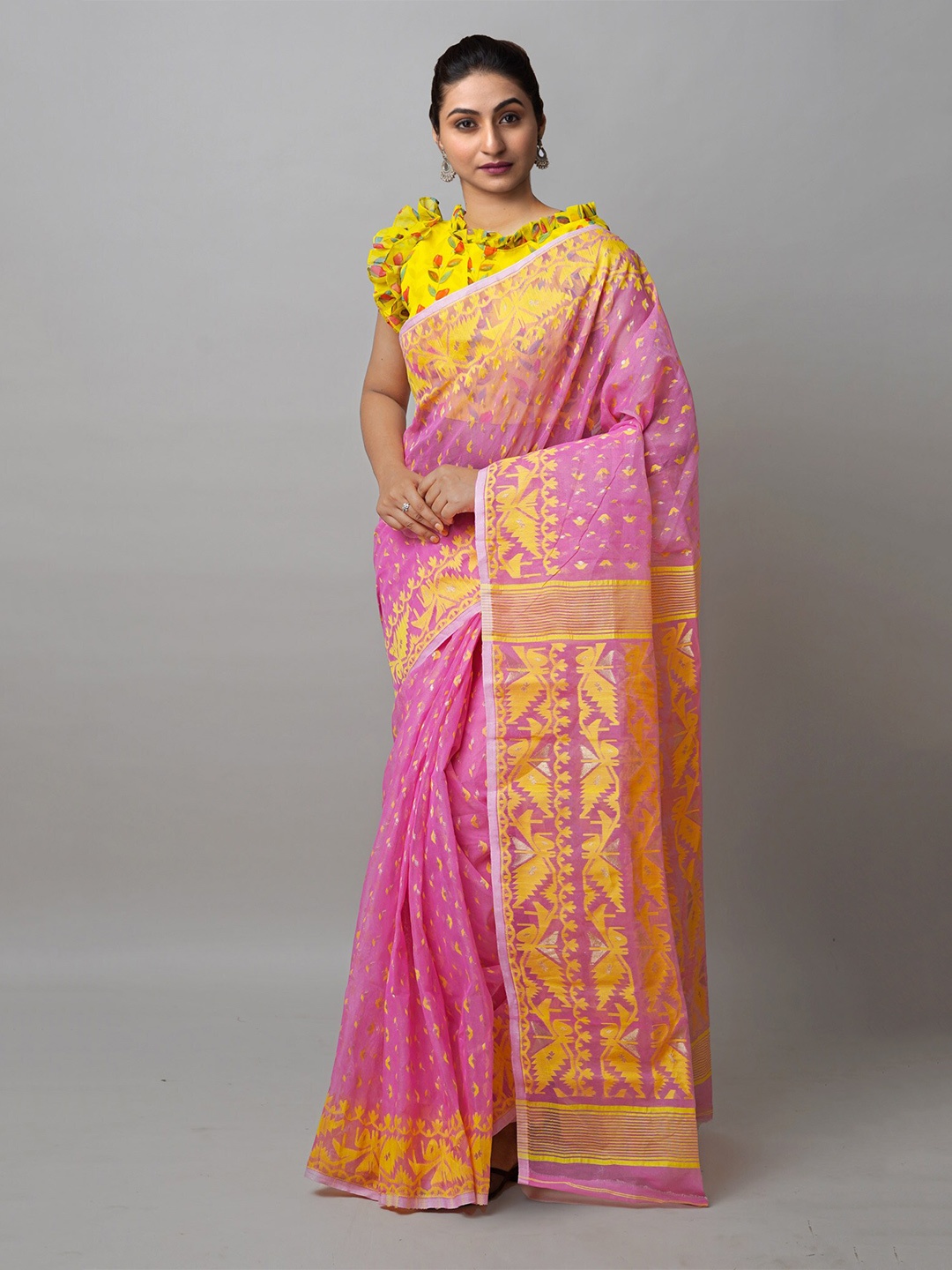 

Unnati Silks Woven Design Silk Cotton Handloom Bengal Jamdani Saree, Pink