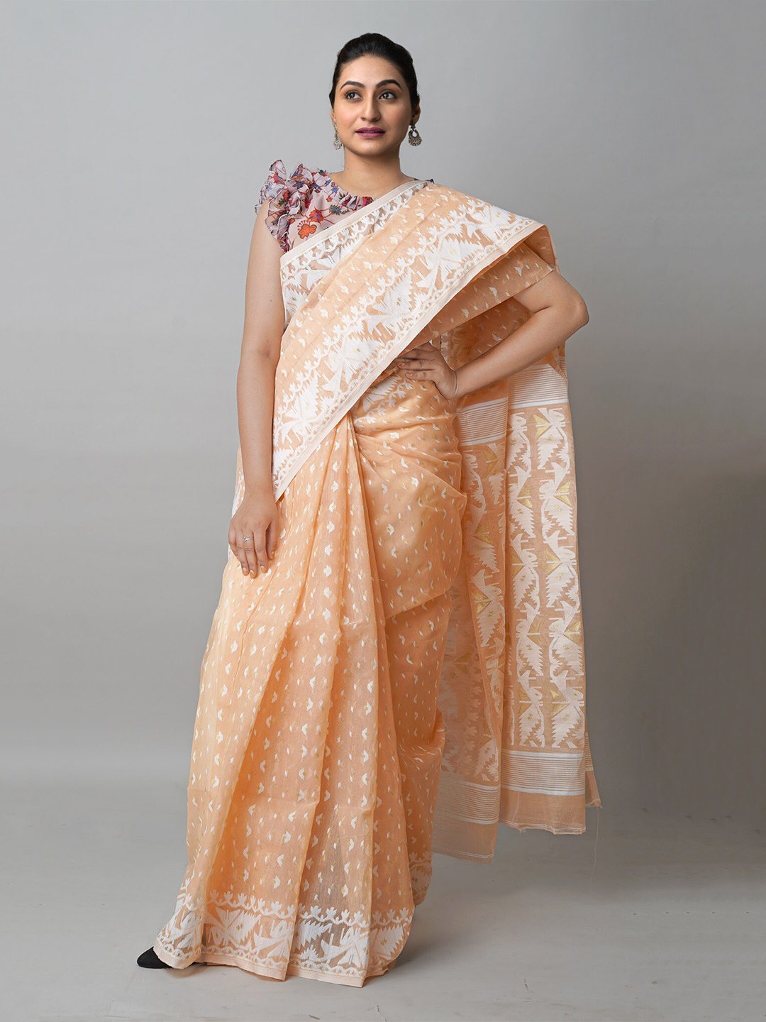 

Unnati Silks Woven Design Silk Cotton Handloom Bengal Jamdani Saree, Orange