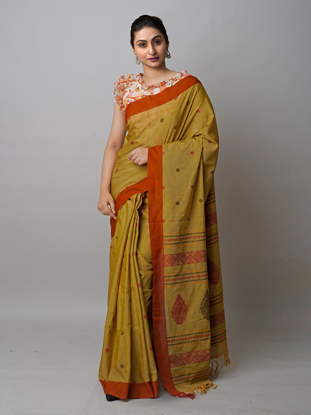 

Unnati Silks Ethnic Motifs Woven Design Silk Cotton Jamdani Saree, Brown