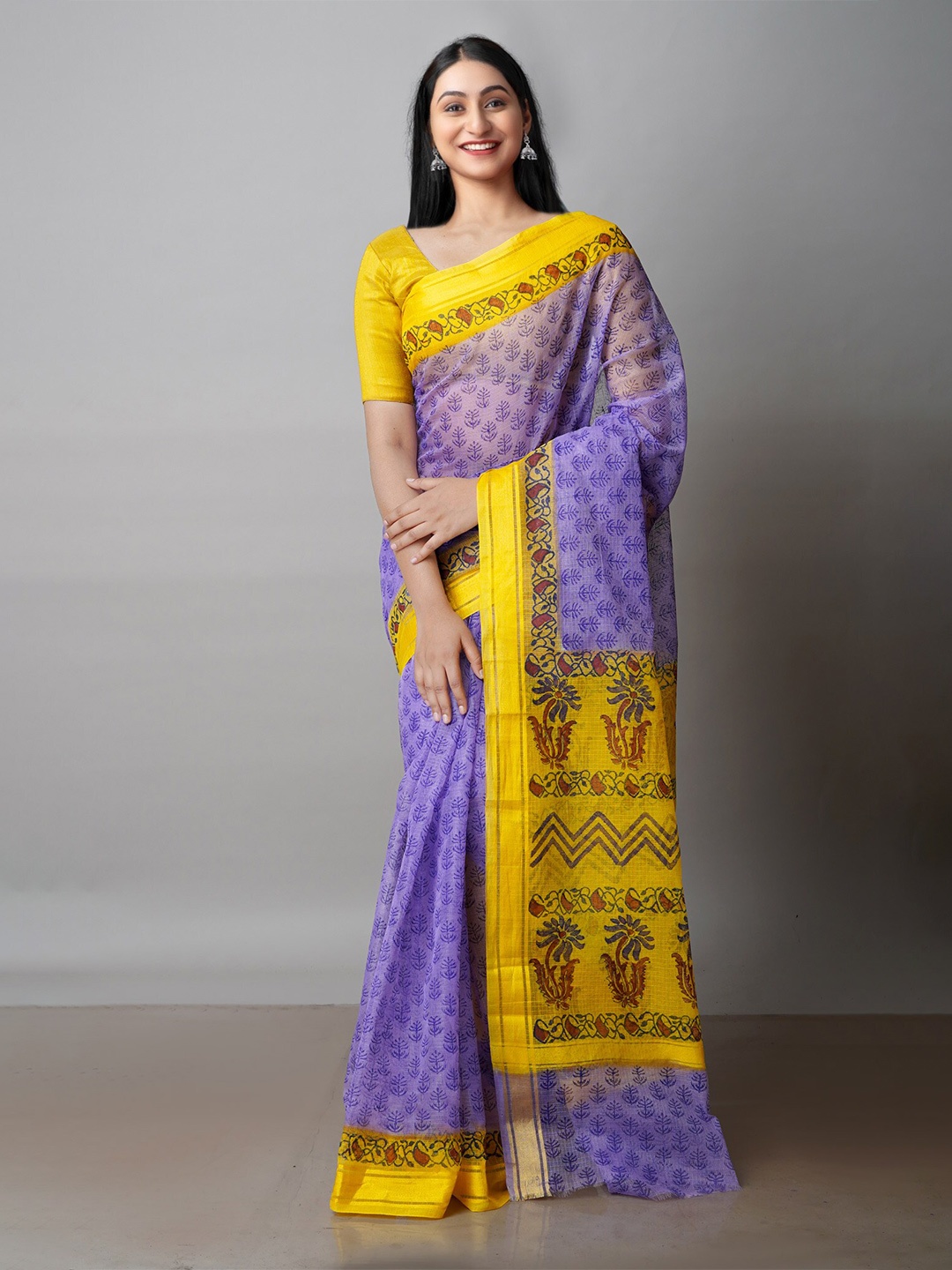 

Unnati Silks Ethnic Motifs Printed Zari Pure Cotton Kota Saree, Violet