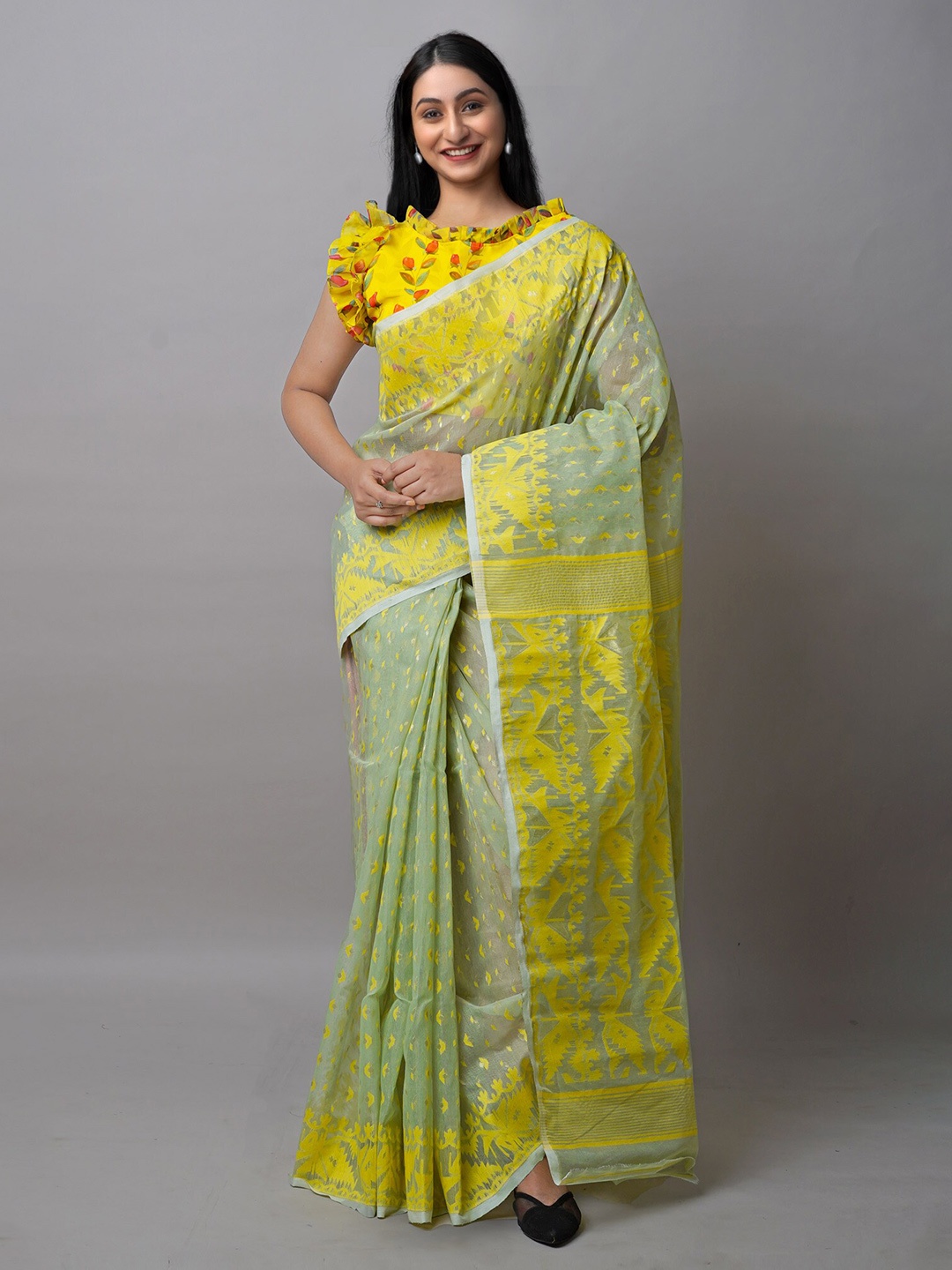 

Unnati Silks Ethnic Motifs Woven Design Silk Cotton Jamdani Saree, Green