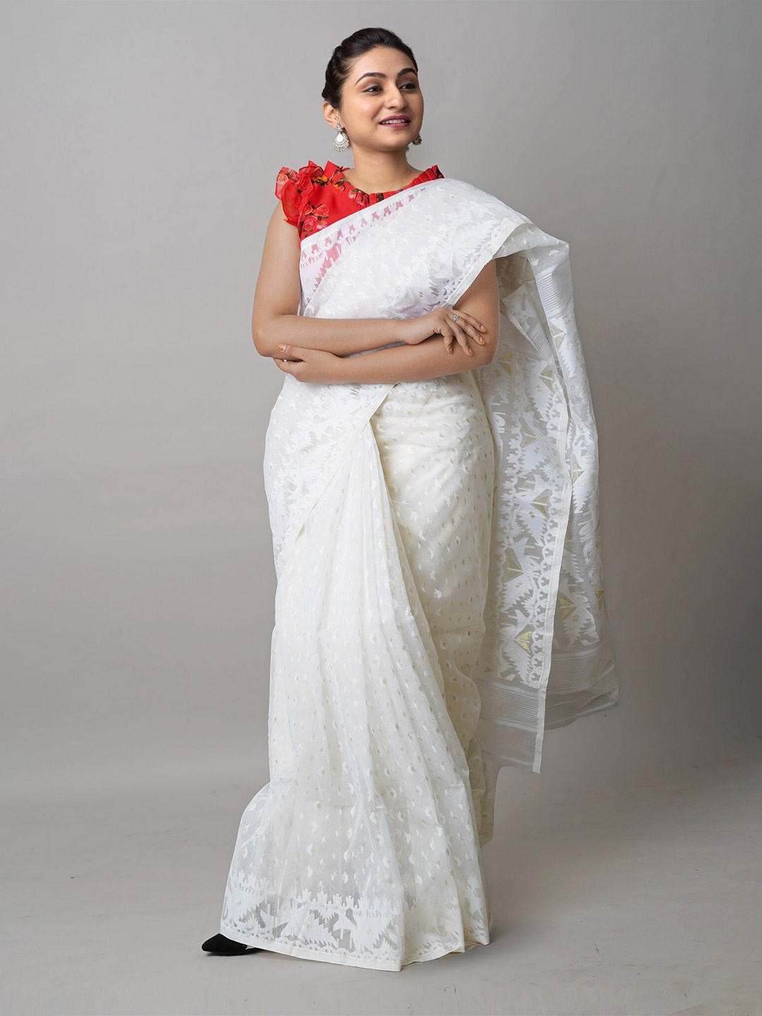 

Unnati Silks Ethnic Motifs Woven Design Silk Cotton Jamdani Saree, White