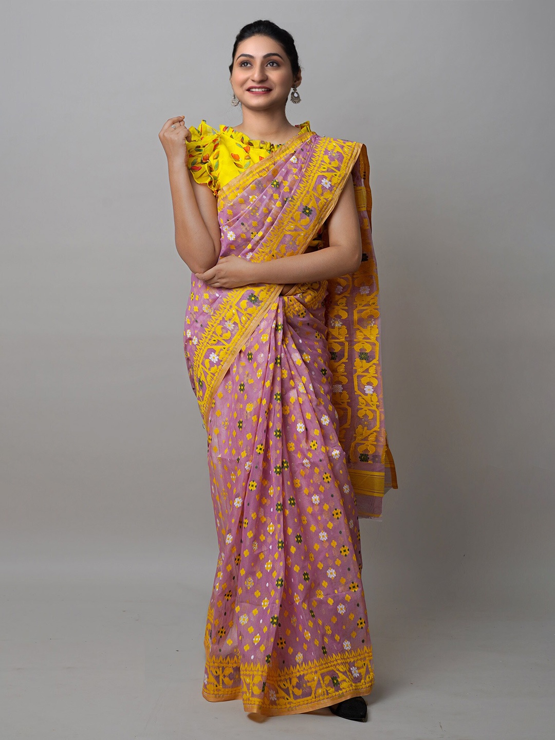 

Unnati Silks Ethnic Motifs Woven Design Silk Cotton Jamdani Saree, Purple