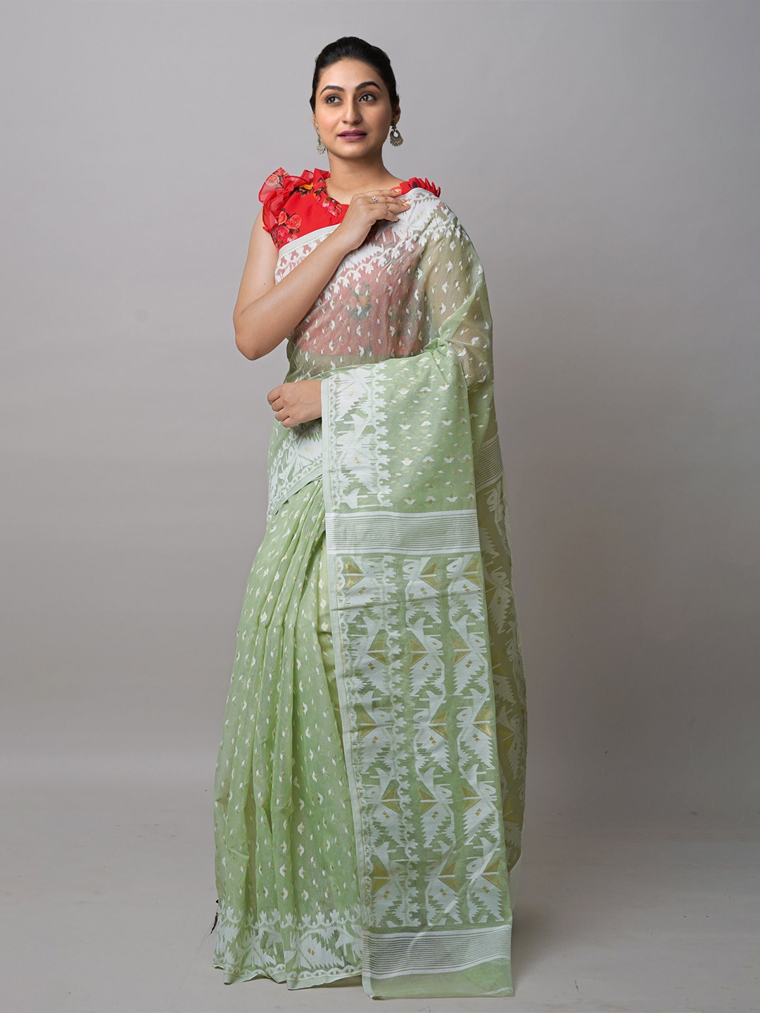 

Unnati Silks Ethnic motifs Woven Design Silk Cotton Jamdani Saree, Green