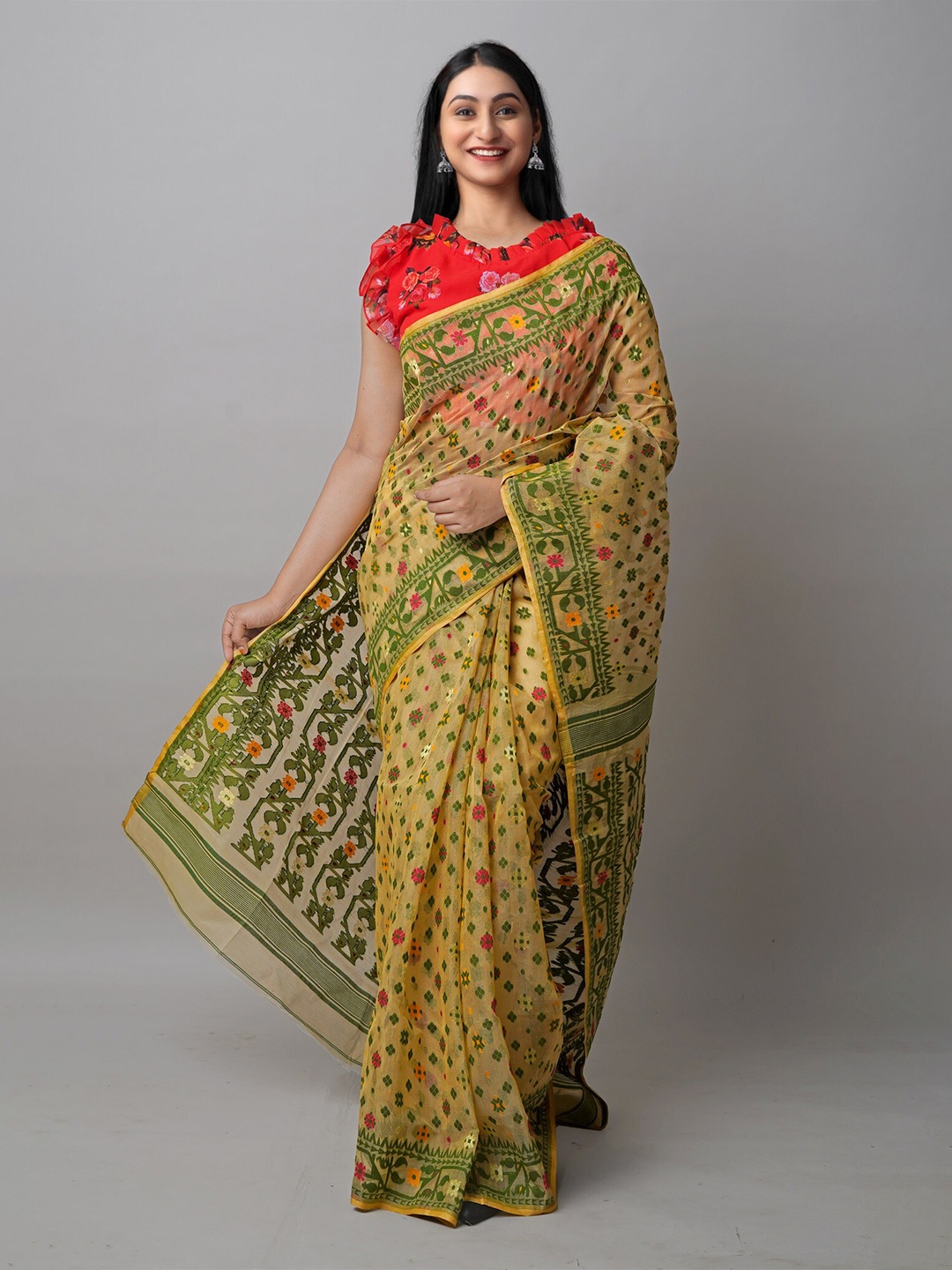 

Unnati Silks Woven Design Zari Silk Cotton Handloom Jamdani Saree, Brown