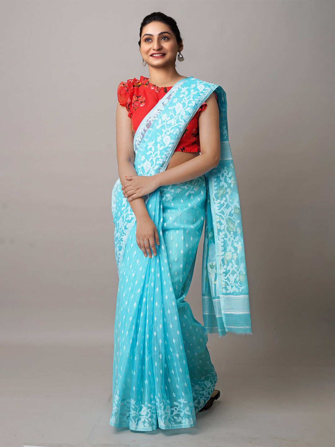 

Unnati Silks Woven Design Silk Cotton Handloom Jamdani Saree, Blue