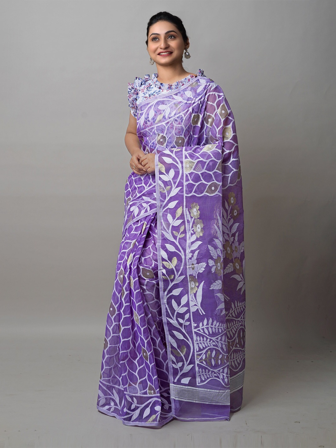 

Unnati Silks Woven Design Zari Silk Cotton Handloom Jamdani Saree, Purple